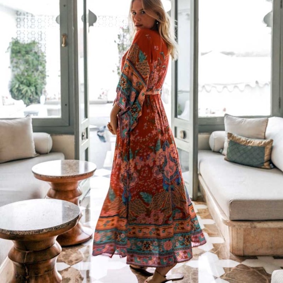 Boho gypsy wide sleeve red Midi dress cover up - Picture 4 of 12